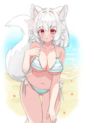 Rule 34 | 1girl, alternate costume, animal ear fluff, animal ears, beach, bikini, breasts, collarbone, crossed bangs, day, gluteal fold, hand up, inubashiri momiji, knees together feet apart, large breasts, leaning forward, looking at viewer, medium hair, navel, no headwear, outdoors, red eyes, rururiaru, simple background, solo, striped bikini, striped clothes, swimsuit, tail, thigh gap, touhou, white hair, wolf ears, wolf tail