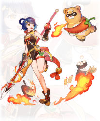Rule 34 | 1girl, :d, absurdres, apple, baozi, bare shoulders, blue hair, breath weapon, breathing fire, brown footwear, brown gloves, brown shorts, chili pepper, chinese clothes, fingerless gloves, fire, food, fruit, full body, genshin impact, gloves, guoba (genshin impact), highres, holding, holding food, holding fruit, holding polearm, holding weapon, open mouth, polearm, pot, shorts, simple background, sleeveless, smile, solo, spear, teeth, tempura, tingyu (490101957), weapon, white background, xiangling (genshin impact), yellow eyes