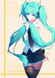Rule 34 | 1girl, absurdres, arm behind back, black skirt, blue eyes, blue hair, character name, crossed legs, detached sleeves, hatsune miku, hatsune miku (vocaloid4), headphones, highres, holding, holding own hair, huge filesize, long hair, looking up, rzx0, skirt, thighhighs, twintails, very long hair, vocaloid, zettai ryouiki