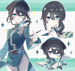 Rule 34 | 1boy, absurdres, aqua border, black hair, blue eyes, blue robe, blush, border, calligraphy brush, changpao, chibi, chinese clothes, cloud print, edgar valden, edgar valden (censer), expressionless, gold trim, green headwear, green vest, grid background, hat, high collar, highres, holding, holding paintbrush, identity v, letterboxed, long sleeves, looking at viewer, male focus, mandarin collar, multiple views, outline, outside border, paintbrush, pants, ponytail, potechi (kaoriion613), qingdai guanmao, robe, scroll, simple background, sparkle, sweat, tassel, vest, white outline, white pants