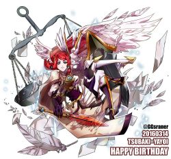 Rule 34 | 1girl, bad id, bad pixiv id, blazblue, blue eyes, character name, feathered wings, full body, gloves, hair tubes, happy birthday, head wings, long hair, no headwear, red hair, shield, short sword, solo, sraner, sword, transparent background, tsubaki yayoi, uniform, weapon, wings