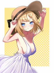 Rule 34 | 1girl, armpits, arms up, blonde hair, blue eyes, blush, border, breasts, brown hat, cleavage, closed mouth, cowboy shot, dress, hands on headwear, hat, highres, hiroikara (smhong04), hololive, hololive english, large breasts, looking at viewer, outside border, polka dot, polka dot background, short hair, sleeveless, sleeveless dress, smile, solo, sun hat, sundress, virtual youtuber, watson amelia, white border, white dress, yellow background