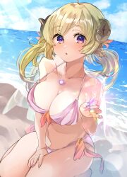 Rule 34 | 1girl, absurdres, ahoge, alternate costume, alternate hairstyle, animal ears, beach, bikini, blonde hair, blue sky, blush, breasts, cleavage, cloud, cloudy sky, commentary, day, feet out of frame, highres, holding, holding shell, hololive, horns, jewelry, light rays, long hair, looking at viewer, medium breasts, necklace, nyas0123, ocean, outdoors, parted lips, pink bikini, purple eyes, seiza, sheep ears, sheep girl, sheep horns, shell, shell necklace, signature, sitting, sky, solo, sparkle, string bikini, sunlight, swimsuit, tsunomaki watame, twintails, virtual youtuber