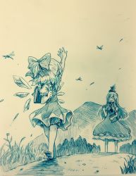 Rule 34 | 2girls, arinu, backpack, bag, barefoot, bloomers, book, bow, bug, cirno, commentary, dragonfly, dress, closed eyes, hair bow, hat, highres, ice, ice wings, bug, kamishirasawa keine, long hair, monochrome, mountain, multiple girls, outdoors, puffy short sleeves, puffy sleeves, short dress, short hair, short sleeves, smile, standing, touhou, traditional media, underwear, walking, waving, wind, wings