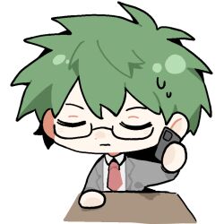 Rule 34 | 1boy, cellphone, chibi, chinese commentary, closed eyes, closed mouth, collared shirt, commentary request, glasses, green hair, grey jacket, holding, holding phone, jacket, long sleeves, male focus, necktie, open clothes, open jacket, otowa rui (saibou shinkyoku), phone, red necktie, saibou shinkyoku, shirt, short hair, simple background, solo, sweat, white background, white shirt, xiaoyuweiliang