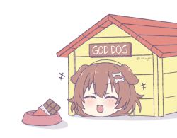 Rule 34 | +++, 1girl, animal ears, blush, bone hair ornament, bowl, brown hair, candy, chocolate, chocolate bar, closed eyes, dog ears, doghouse, facing viewer, food, hair ornament, hololive, inugami korone, kukie-nyan, pet bowl, simple background, smile, solo, twitter username, virtual youtuber, white background