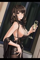 Rule 34 | 1girl, absurdres, ahoge, alcohol, breasts, brown eyes, brown hair, champagne flute, commentary request, cup, dress, drinking glass, dsr-50 (girls&#039; frontline), dsr-50 (highest bid) (girls&#039; frontline), earrings, evening gown, from side, girls&#039; frontline, glass, hachirodesu, highres, holding, holding cup, jewelry, large breasts, long hair, looking at viewer, no bra, official alternate costume, parted lips, sideboob, sidelocks