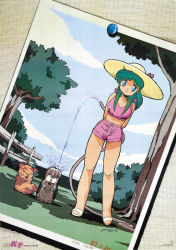 Rule 34 | 1980s (style), 1girl, absurdres, alpha (dream hunter rem), arms behind back, ayanokouji rem, beta (dream hunter rem), blue eyes, cat, day, dog, dream hunter rem, green hair, hat, highres, holding, holding hose, hose, laughing, long hair, looking at viewer, midriff, mouri kazuaki, official art, oldschool, outdoors, photo (object), retro artstyle, sandals, scan, short shorts, shorts, signature, standing, sun hat, water, wet