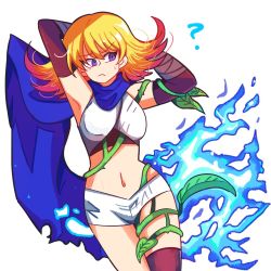 Rule 34 | 1girl, ?, armpits, asymmetrical legwear, blonde hair, blue scarf, commentary, cowboy shot, elbow gloves, phosphora, english commentary, gloves, gradient hair, highres, homriette, kid icarus, kid icarus uprising, looking to the side, medium hair, multicolored hair, navel, nintendo, orange hair, plant, scarf, short shorts, shorts, simple background, solo, vines, white background, white shorts
