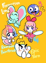 Rule 34 | 2girls, animal ears, blue skin, blush stickers, closed eyes, colored skin, commentary request, copyright name, crown, elfilin, elline (kirby), fairy, fairy wings, gooey (kirby), hair ribbon, hakaba (ksni tbn), highres, kirby&#039;s dream land 3, kirby&#039;s epic yarn, kirby (series), kirby 64, kirby and the forgotten land, kirby and the rainbow curse, looking at viewer, mouse ears, multicolored hair, multiple girls, nintendo, notched ear, open mouth, pink hair, prince fluff, ribbon, ribbon (kirby), smile, star (symbol), thick eyebrows, tongue, tongue out, v-shaped eyebrows, wings, yellow background