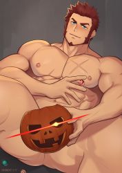 Rule 34 | 1boy, abs, absurdres, artist name, bara, blue eyes, blush, brown hair, candy, closed mouth, covering privates, covering crotch, cross scar, facial hair, fate/grand order, fate (series), food, goatee, halloween, highres, holding, holding candy, holding food, holding pumpkin, jack-o&#039;-lantern, large pectorals, long sideburns, looking back, male focus, mikicat, muscular, muscular male, napoleon bonaparte (fate), navel, nipples, nude, pectorals, scar, scar on chest, short hair, sideburns, simple background, sitting, solo