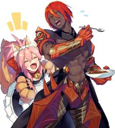 Rule 34 | 1boy, 1girl, ^ ^, animal ears, animal hands, apron, ashwatthama (fate), bad id, bad twitter id, closed eyes, curry, curry rice, dark-skinned male, dark skin, fangs, fate/grand order, fate (series), food, fox ears, fox tail, gauntlets, highres, long hair, maid, ono matope, pink hair, red hair, rice, spoon, tail, tamamo (fate), tamamo cat (fate), tamamo cat (second ascension) (fate), topless male, twintails, yellow eyes