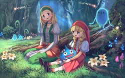 Rule 34 | 2girls, :d, blonde hair, blue eyes, blunt bangs, braid, brown footwear, dragon quest, dragon quest xi, dress, earrings, flower, forest, grass, green dress, hat, headband, highres, jewelry, juliet sleeves, long sleeves, multiple girls, mushroom, nature, necklace, open mouth, orange socks, outdoors, pearl necklace, pippi (pixiv 1922055), puffy sleeves, red hat, red skirt, senya (dq11), shoes, sitting, skirt, slime (dragon quest), smile, socks, tree, twin braids, veronica (dq11), white flower