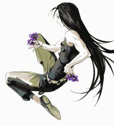 Rule 34 | 1boy, black eyes, black hair, dynamic pose, floating, full body, green footwear, green pants, highres, holding, holding needle, hunter x hunter, illumi zoldyck, long hair, looking to the side, needle, pants, shirt, sleeveless, sleeveless shirt, solo, white background, yonq98