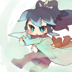 Rule 34 | 10s, 1girl, aqua eyes, blue hair, blurry, blush, chibi, chiyoko (oman1229), depth of field, fubukihime, gradient background, high ponytail, japanese clothes, kimono, long hair, multicolored hair, open mouth, purple hair, sandals, solo, traditional youkai, two-tone hair, youkai watch