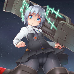 Rule 34 | 1girl, black pantyhose, blue eyes, cameltoe, cleft of venus, clenched hand, expressionless, gradient background, grey hair, hirschgeweih antennas, necktie, night, night sky, outdoors, panties, panties under pantyhose, pantyhose, rocket launcher, sanya v. litvyak, sky, solo, star (sky), strike witches, striker unit, underwear, victor (tama e akira), weapon, world witches series