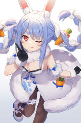 Rule 34 | 1girl, animal ear fluff, animal ears, black gloves, black leotard, black pantyhose, blue hair, blush, braid, breasts, bridal garter, carrot hair ornament, clothing cutout, coat, coat dress, creature, cutout above navel, detached sleeves, don-chan (usada pekora), food-themed hair ornament, fur-trimmed coat, fur-trimmed gloves, fur scarf, fur trim, gloves, hair ornament, hikimayu, hololive, leotard, leotard under clothes, licking lips, long hair, looking at viewer, mary janes, multicolored hair, one eye closed, orange eyes, pantyhose, playboy bunny, puffy detached sleeves, puffy short sleeves, puffy sleeves, rabbit-shaped pupils, rabbit ears, rabbit girl, scarf, shikinagi, shoes, short eyebrows, short sleeves, small breasts, smile, solo, strapless, strapless leotard, symbol-shaped pupils, thick eyebrows, tongue, tongue out, twin braids, twintails, two-tone hair, underboob cutout, usada pekora, usada pekora (1st costume), virtual youtuber, white background, white coat, white footwear, white hair, white scarf, white sleeves