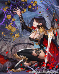 Rule 34 | 1girl, armor, asymmetric gloves, asymmetrical gloves, bad id, bad pixiv id, black dress, black gloves, black hair, black thighhighs, blue eyes, braid, breasts, brooch, building, castle, cleavage, collar, dagger, detached collar, dragon&#039;s shadow, dress, dutch angle, expressionless, flower, full moon, gloves, holding, holding sword, holding weapon, jewelry, kneeling, knife, long hair, moon, night, official art, on one knee, parted lips, plant, rose, shoulder pads, solo, sword, thighhighs, thighs, thorns, underbust, uneven gloves, very long hair, watermark, weapon, yna