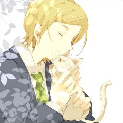Rule 34 | 1boy, animal, blonde hair, branch, cat, closed eyes, formal, fur, green necktie, hideki sohta, holding, hug, light smile, male focus, misao, necktie, parted bangs, shadow, shinkaisakana, simple background, size difference, solo, suit, tears, upper body, white background