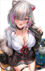 Rule 34 | 1girl, animal ears, bag, black choker, black jacket, black nails, black skirt, blue hair, bow, breasts, cellphone, choker, cleavage, collared shirt, desk, dress shirt, ear piercing, fang, grey eyes, grey hair, gyaru, hair ornament, hair over one eye, himonoata, hololive, jacket, large breasts, light blue hair, lion ears, lion girl, lion tail, long sleeves, looking at viewer, miniskirt, multicolored hair, official alternate hairstyle, on desk, open clothes, open jacket, open mouth, orange hair, phone, piercing, pink hair, pleated skirt, red bow, red skirt, school bag, shirt, shishiro botan, shishiro botan (button-down), short hair, sitting, skindentation, skirt, smartphone, solo, ssrb (shishiro botan), streaked hair, tail, thigh strap, virtual youtuber, white shirt, x hair ornament