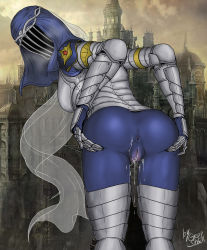 Rule 34 | 1girl, aftersex, anus, armor, ass, cum, cum in pussy, cumdrip, dancer of the boreal valley, dark souls (series), dark souls i, dark souls iii, gray skull, highres, looking at viewer, looking back, mask, pussy, spread ass