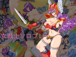 Rule 34 | 1girl, armor, ass, blue eyes, blush, boots, breasts, chunsoft, dragon quest, dragon quest iii, enix, female focus, forest, gloves, monster, multiple views, nature, nipples, nude, ocean, open mouth, panties, plant, purple hair, slime, smile, soldier (dq3), sword, tentacles, underwear, weapon