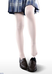 Rule 34 | 1girl, absurdres, aki (1360505188), blue skirt, feet, highres, legs, loafers, lower body, no shoes, original, pantyhose, plaid, plaid skirt, shoes, unworn shoes, simple background, single shoe, skirt, solo, standing, standing on one leg, toes, white background, white pantyhose