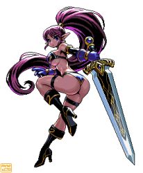 Rule 34 | 1girl, armor, ass, bikini, bikini armor, black bikini, black footwear, blue eyes, blue gloves, boots, breasts, cleavage, earrings, full body, gloves, high heel boots, high heels, highres, holding, holding sword, holding weapon, jewelry, large breasts, long hair, looking at viewer, mabius, original, pixel art, pointy ears, ponytail, purple hair, simple background, swimsuit, sword, thigh strap, very long hair, warrior, weapon, white background