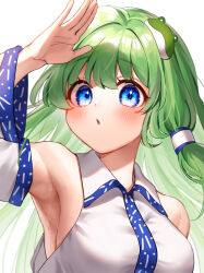 Rule 34 | 1girl, absurdres, armpits, bare shoulders, blue eyes, blush, commentary, detached sleeves, frog hair ornament, green hair, hair ornament, hair tubes, highres, japanese clothes, kochiya sanae, long hair, nontraditional miko, parted lips, simple background, solo, touhou, upper body, waramori fuzuka, white background, white sleeves, wide sleeves