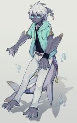 Rule 34 | 1boy, asaseno sio315, belt, black shirt, blue belt, blue eyes, bubble, closed mouth, colored sclera, colored skin, dorsal fin, earrings, fewer digits, fingernails, fins, fish tail, full body, green jacket, green nails, green sclera, grey background, grey skin, highres, hood, hooded jacket, jacket, jewelry, looking at viewer, male focus, monster boy, nail polish, necklace, original, pants, piercing, shadow, shark boy, shark tail, sharp fingernails, shirt, short eyebrows, short hair, short sleeves, single earring, slit pupils, solo, standing, standing on one leg, tail, tail ornament, tooth necklace, webbed feet, webbed hands, white hair, white pants, wristband