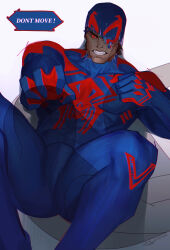 Rule 34 | 1boy, absurdres, artist request, bara, blue bodysuit, bodysuit, brown hair, bulge, dark-skinned male, dark skin, english text, fangs, feet out of frame, frown, head grab, highres, invisible man, large pectorals, leg lock, lying, male focus, marvel, mature male, miguel o&#039;hara, muscular, muscular male, on back, pectorals, print bodysuit, red bodysuit, short hair, solo focus, spider-man: across the spider-verse, spider-man (series), spider-verse, thick eyebrows, thighs, two-tone bodysuit, unmasking