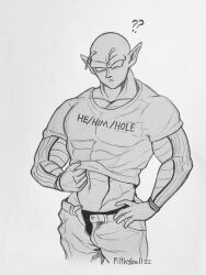Rule 34 | 1boy, ?, ??, bald, bara, clothes writing, confused, cropped legs, denim, dragon ball, dragonball z, filthyball, greyscale, he/him/hole shirt, highres, jeans, large pectorals, lifted by self, male focus, male underwear, male underwear peek, mature male, midriff peek, monochrome, muscular, muscular male, open fly, pants, pectorals, piccolo, pointy ears, sanpaku, shirt, solo, underwear