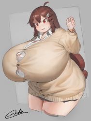 Rule 34 | 1girl, ahoge, beige cardigan, black skirt, blush, breasts, brown hair, button gap, buttons, cardigan, cleavage, collared shirt, cowboy shot, d:, fat, gigantic breasts, grey background, hair ornament, hairclip, hand up, highres, long hair, looking down, miniskirt, nervous, open mouth, original, oruka (kamituki0827), plump, red eyes, school uniform, shirt, sidelocks, simple background, skirt, solo, surprised arms, sweatdrop, taut clothes, thighs, watch, white shirt