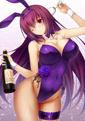 Rule 34 | 1girl, alcohol, animal ears, bottle, bow, bowtie, breasts, cleavage, cup, detached collar, drinking glass, emanon123, fake animal ears, fate/grand order, fate (series), fishnet pantyhose, fishnets, flower, garter belt, highres, large breasts, leotard, long hair, looking at viewer, lying, official alternate costume, pantyhose, playboy bunny, purple bow, purple bowtie, purple flower, purple hair, purple leotard, rabbit ears, red eyes, scathach (fate), scathach (piercing bunny) (fate), simple background, solo, strapless, strapless leotard, white background, wine, wine glass, wrist cuffs