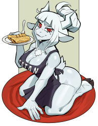 Rule 34 | 1girl, absurdres, alternate form, animal ears, animal nose, apron, ass, black apron, black tail, blunt bangs, blush, breasts, cee-haz, cleavage, commentary, crepe, demon girl, demon horns, demon tail, english commentary, eyeshadow, fang, food, fork, full body, furry, furry female, goat ears, goat girl, goat tail, hair bun, helltaker, highres, hooves, horizontal pupils, horns, looking at viewer, lucifer (helltaker), makeup, medium breasts, mole, mole under eye, naked apron, nose blush, plate, red eyes, seiza, single hair bun, sitting, skin fang, soles, solo, tail, thighs, updo, white fur, white hair, white horns