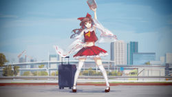 Rule 34 | 1girl, arm up, armpits, ascot, blue sky, book, bow, brown eyes, brown hair, city, detached sleeves, hair bow, hair tubes, hakurei reimu, hand on own hip, highres, holding up, jq, long hair, long sleeves, looking at viewer, midriff, navel, open mouth, real world location, rolling suitcase, shirt, skirt, skirt set, sky, smile, solo, suitcase, thighhighs, touhou, trolley, white thighhighs, wide sleeves, zettai ryouiki