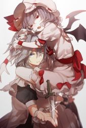 Rule 34 | 2girls, bat wings, blue eyes, bow, carrying, dagger, eyelashes, hat, hat ribbon, highres, hug, izayoi sakuya, knife, light purple hair, looking at viewer, maid headdress, mob cap, multiple girls, no-kan, one eye closed, red bow, red eyes, red ribbon, remilia scarlet, ribbon, short sleeves, silver hair, simple background, smile, touhou, weapon, white background, wings, wrist cuffs