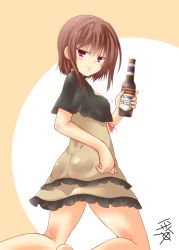 Rule 34 | 1girl, alcohol, bad id, bad pixiv id, bare legs, beer, beer bottle, blush, bottle, breasts, brown eyes, brown hair, closed mouth, from behind, holding, kneepits, looking at viewer, looking back, original, short hair, small breasts, smile, solo, yua (checkmate)
