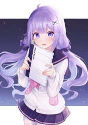 Rule 34 | 1girl, absurdres, ahoge, azur lane, black background, black scrunchie, black skirt, blunt bangs, blush, book, cardigan, commentary request, cowboy shot, hair between eyes, hair ornament, hair scrunchie, hairclip, hands up, highres, holding, holding book, holding notebook, jyu-so, long hair, long sleeves, looking at viewer, low twintails, miniskirt, neckerchief, night, night sky, notebook, official alternate costume, open mouth, pantyhose, parted lips, pink neckerchief, pleated skirt, purple eyes, purple hair, purple sailor collar, purple scrunchie, purple skirt, revision, sailor collar, school uniform, scrunchie, serafuku, sidelocks, skirt, sky, sleeves past wrists, solo, standing, star (sky), starry sky, twintails, unicorn (long-awaited date) (azur lane), unicorn (azur lane), unicorn (long-awaited date) (azur lane), very long hair, wavy mouth, white cardigan, white pantyhose, x hair ornament