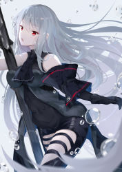 Rule 34 | arknights, ascot, black gloves, breasts, cowboy shot, detached sleeves, gloves, gun, highres, long hair, medium breasts, open mouth, red eyes, ribbon, skadi (arknights), skadi (elite ii) (arknights), solo, tamakinoki, very long hair, weapon, white hair