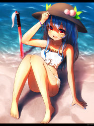 Rule 34 | 1girl, alternate costume, arm support, artist name, bad id, bad pixiv id, barefoot, beach, bikini, blue hair, blue nails, bracelet, dripping, fingernails, food, fruit, hand on headwear, hat, highres, hinanawi tenshi, jewelry, knees together feet apart, letterboxed, long hair, looking at viewer, nail polish, open mouth, outdoors, panties, peach, planted, planted sword, planted weapon, pyonsuke (pyon2 mfg), red eyes, shadow, shirt, side-tie bikini bottom, signature, sitting, sleeveless, smile, solo, sparkle, swimsuit, sword, sword of hisou, toenails, toes, touhou, underwear, water, weapon, wet, wet clothes, white bikini