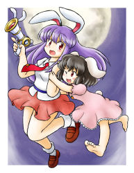 Rule 34 | 2girls, animal ears, barefoot, black hair, blush, brown footwear, carrot necklace, closed eyes, commentary request, dress, inaba tewi, jewelry, long hair, lunatic gun, multiple girls, necklace, necktie, nitamago, one eye closed, open mouth, pendant, pink dress, pink skirt, purple hair, rabbit ears, rabbit girl, rabbit tail, red eyes, red necktie, reisen udongein inaba, shirt, shoes, short hair, short sleeves, skirt, smile, tail, touhou, white shirt
