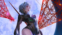 Rule 34 | 1girl, absurdres, adapted costume, ayanami rei, black leotard, breasts, evangelion: 3.0+1.0 thrice upon a time, from below, highres, leotard, moon, neon genesis evangelion, night, night sky, parted lips, plugsuit, rebuild of evangelion, red eyes, short hair, silver hair, sky, small breasts, solo, thighs, towel, wide hips, yangmie mieyi