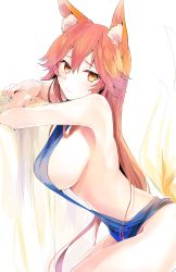 Rule 34 | 10s, 1girl, absurdres, animal ear fluff, animal ears, arm support, armpits, backless dress, backless outfit, bare arms, bare shoulders, blue dress, blush, breasts, brown eyes, closed mouth, commentary request, dress, fate/extra, fate (series), fingernails, fox ears, fox girl, fox tail, groin, hair between eyes, head tilt, highres, large breasts, long hair, looking at viewer, pink hair, sideboob, smile, solo, tail, tail raised, tamamo (fate), tamamo no mae (fate/extra), tomozero, very long hair, white background