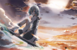 Rule 34 | 00s, 1girl, ankle boots, anklet, black dress, black footwear, blue hair, boots, buttons, cloud, cloudy sky, dress, dutch angle, eureka (eureka seven), eureka seven, eureka seven (series), jewelry, konatsu karasu, long sleeves, looking at viewer, purple eyes, short hair, sky, solo, sunlight