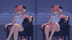 Rule 34 | 1boy, armpits, astolfo (fate), astolfo monster cosplay (meme), bad id, bad pixiv id, bare legs, bare shoulders, basic instinct, black bow, black eyes, bow, brick wall, can, chair, closed mouth, crossed legs, duplicate, energy drink, fang, fate/grand order, fate (series), hair bow, highres, holding, holding can, large penis, long hair, male focus, meme, monster energy, multicolored hair, penis, pink hair, sitting, skin fang, smile, tailbox, trap, uncensored, w, white hair