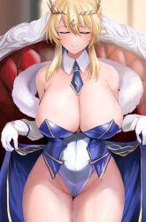 Rule 34 | 1girl, adapted costume, anesaki, aqua eyes, artoria pendragon (fate), artoria pendragon (lancer) (fate), bare shoulders, black leotard, black necktie, blonde hair, breasts, cleavage, closed eyes, commentary request, crown, detached collar, facing viewer, fate/grand order, fate (series), garter straps, groin, hair between eyes, highleg, highleg leotard, highres, huge breasts, leotard, necktie, nontraditional playboy bunny, paid reward available, short hair, short hair with long locks, short necktie, sidelocks, solo, strapless, strapless leotard, sweatdrop, thick thighs, thighs, two-tone leotard, waist cape, white garter straps, white leotard, wing collar