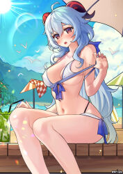 Rule 34 | 1girl, bikini, bird, blue hair, blue sky, blush, breasts, commentary, day, english commentary, etivka, ganyu (genshin impact), genshin impact, goat horns, highres, horns, large breasts, long hair, looking at viewer, navel, open mouth, outdoors, pink nails, pool, red eyes, seagull, sky, solo, stomach, sun, swimsuit, white bikini