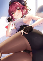 Rule 34 | 1girl, absurdres, ass, black panties, black pantyhose, black skirt, blush, breasts, brown pantyhose, buttons, cleavage, collared shirt, colored inner hair, double-breasted, earrings, gold earrings, heterochromia, highres, hololive, houshou marine, houshou marine (businesswoman), id card, jewelry, large breasts, looking at viewer, mary is mine, multicolored hair, panties, panties under pantyhose, pantyhose, red eyes, shirt, short hair, skirt, sleeveless, sleeveless shirt, smile, solo, triangle earrings, underwear, upskirt, virtual youtuber, white shirt, yellow eyes