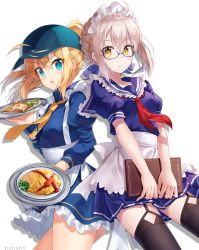 Rule 34 | 2girls, :o, apron, artoria pendragon (fate), black legwear, blonde hair, blue eyes, blush, breasts, fate (series), floating hair, food, glasses, hair between eyes, holding, long hair, long sleeves, looking at viewer, maid, maid apron, maid headdress, multiple girls, mysterious heroine x (fate), mysterious heroine x alter (fate), necktie, nonono (nononotea), omelet, omurice, open mouth, ponytail, puffy sleeves, short hair, short sleeves, sidelocks, signature, simple background, small breasts, thighhighs, white background, yellow eyes
